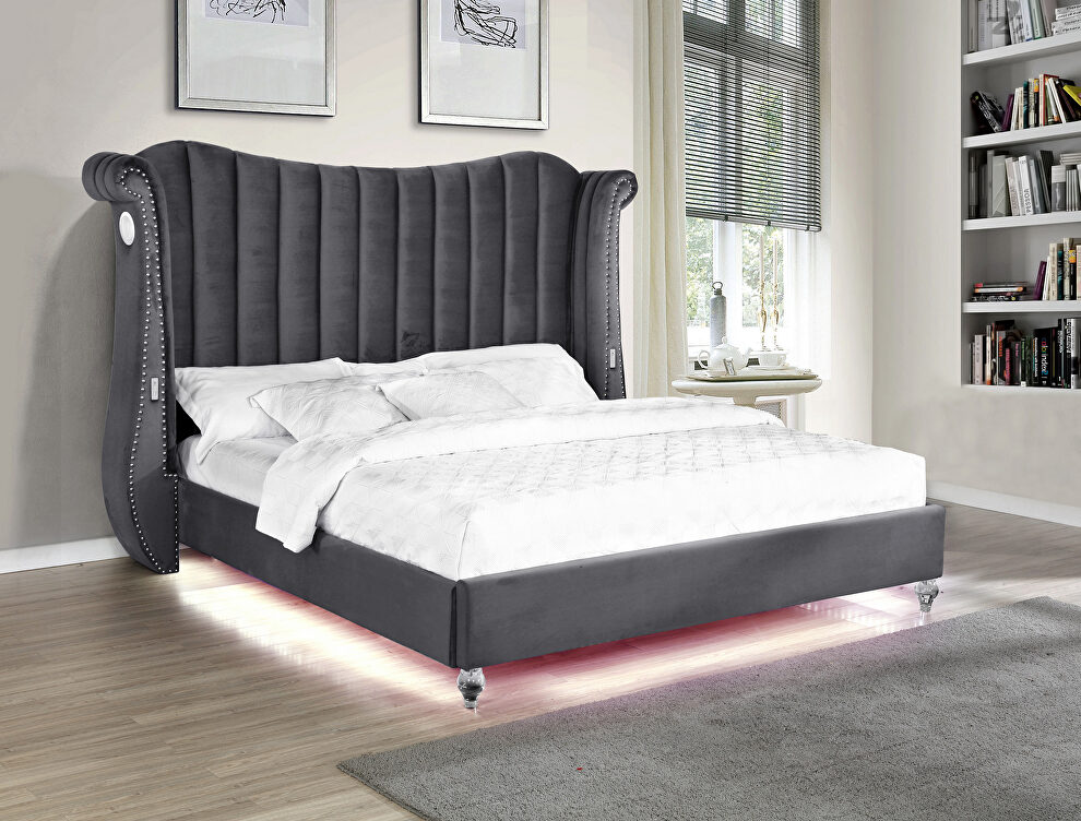 Gray velvet wingback headboard king bed w/ multicolor led lights by Galaxy