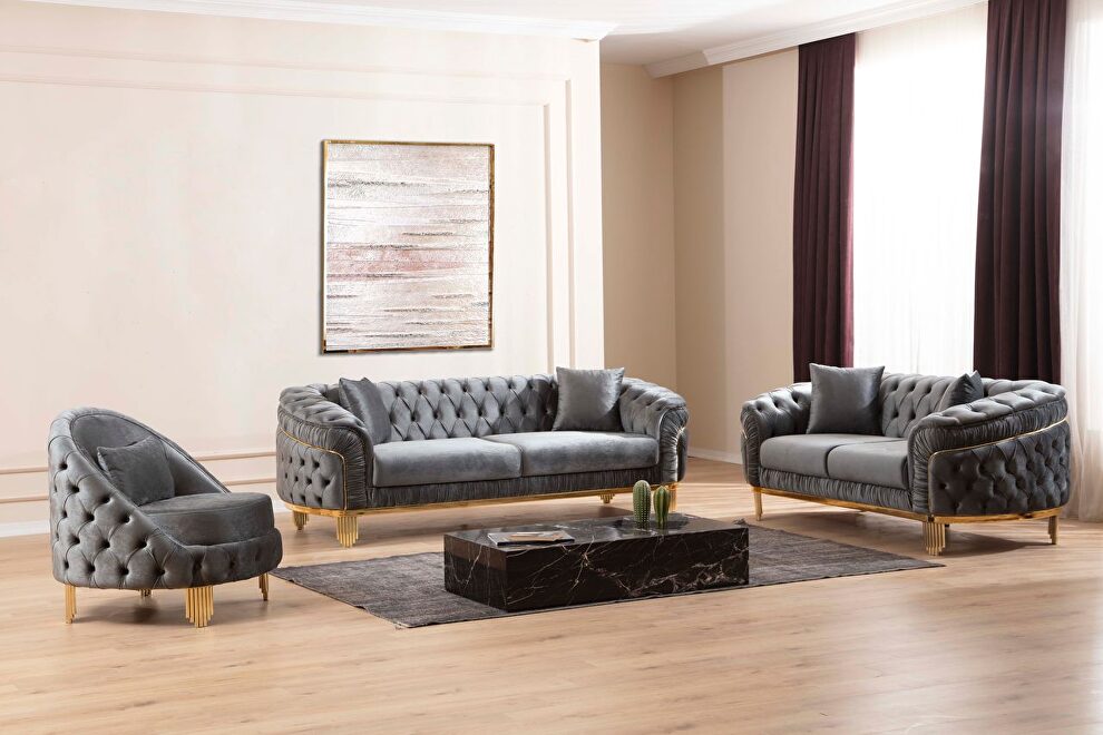 Tufted upholstery sofa finished with velvet fabric in gray by Galaxy