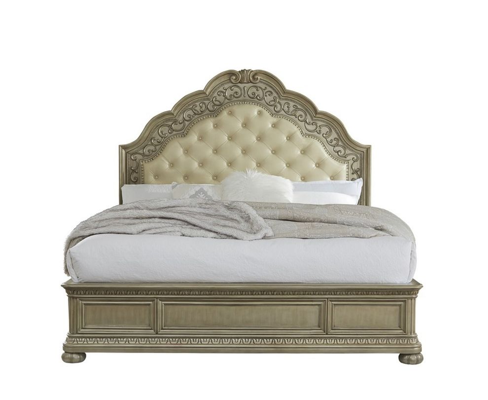 Classic king bed w/ carved tufted headboard by Global