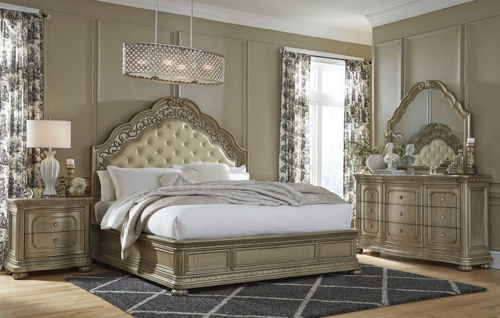 Classic bed w/ carved tufted headboard by Global