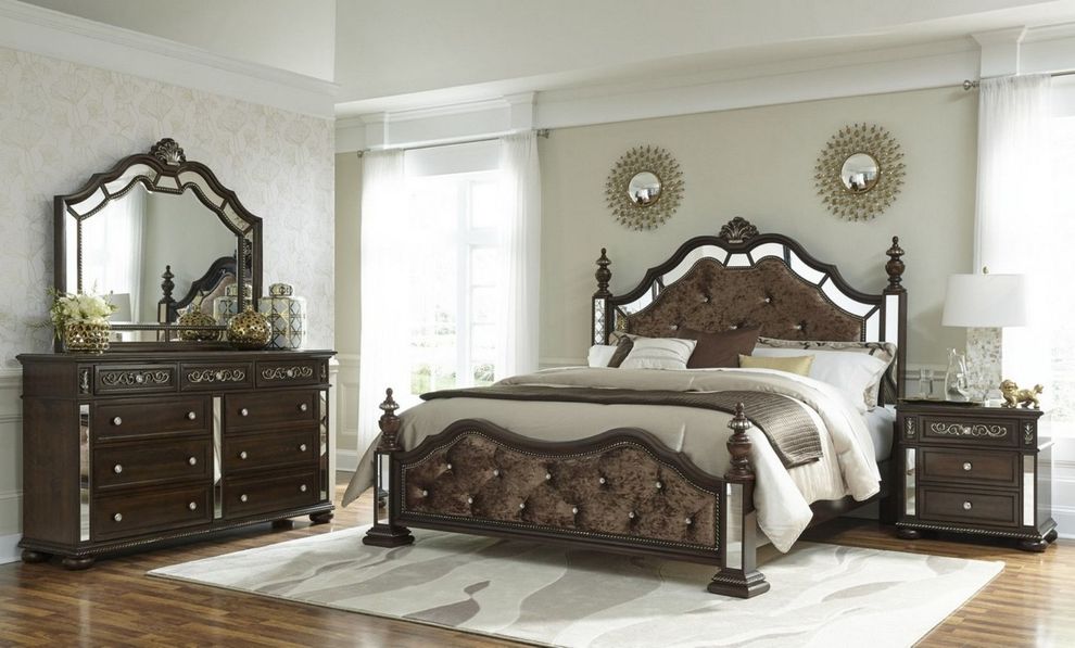Deep brown mirrored accents king size bed by Global