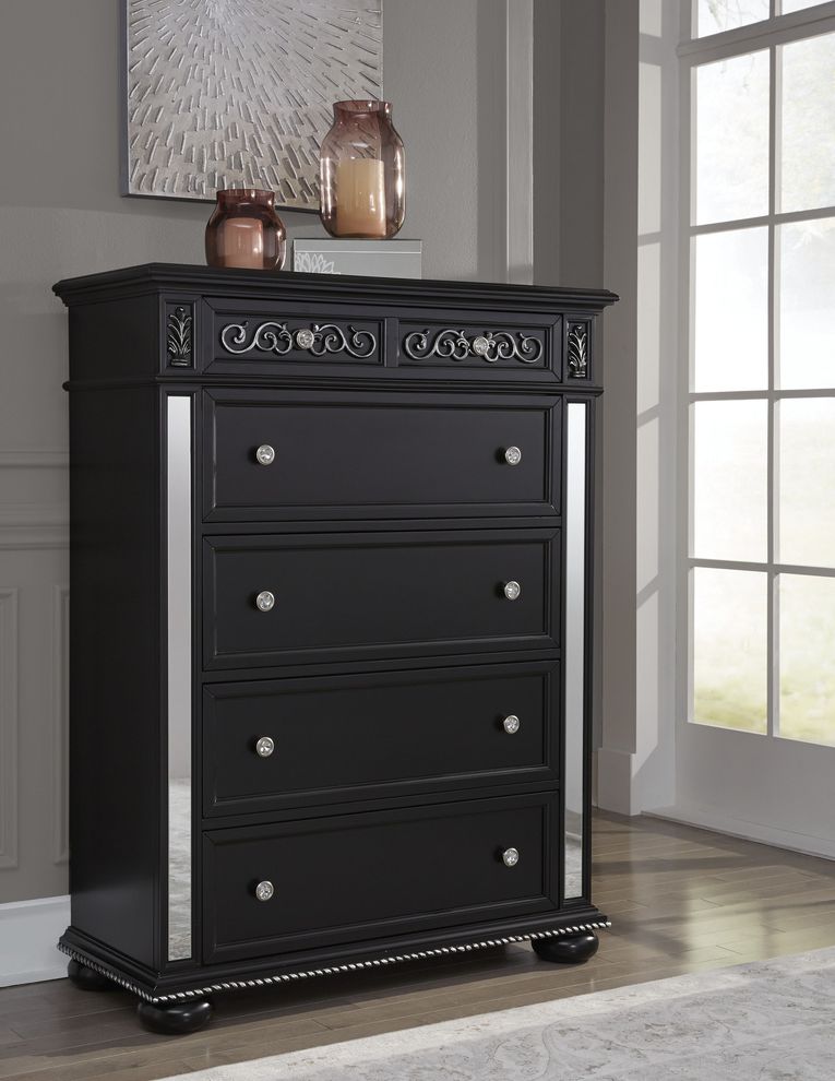 Black tranditional style mirrored accents chest by Global