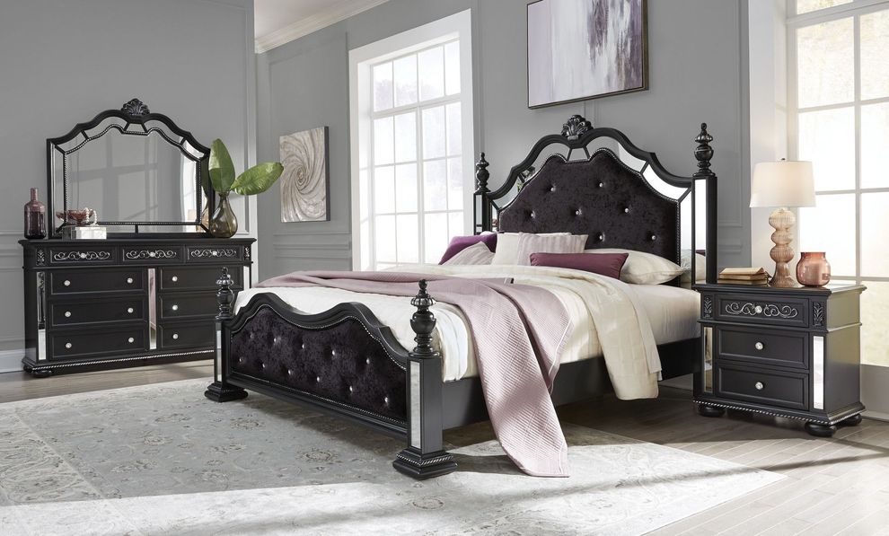 Black tranditional style mirrored accents king bed by Global