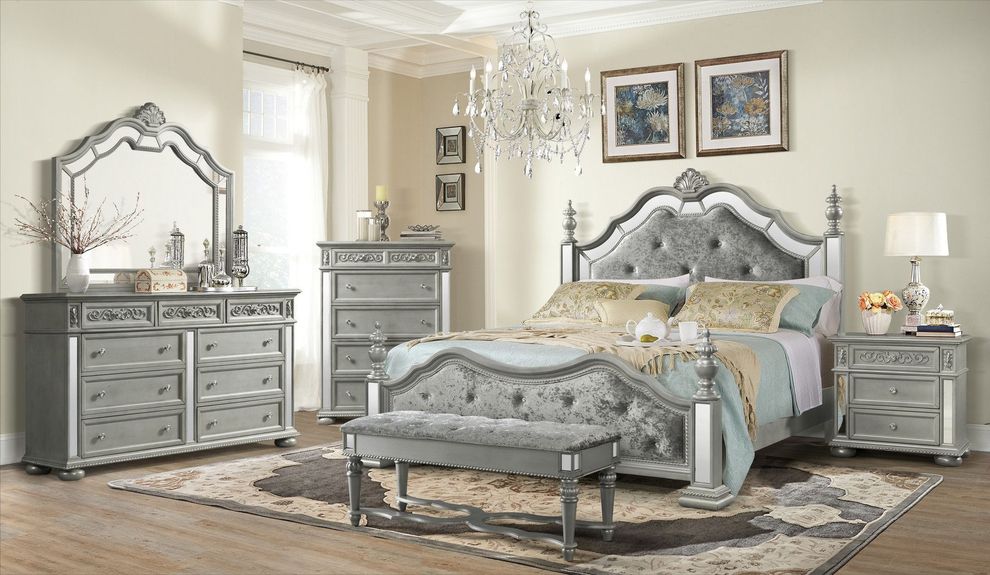 Silver tranditional style mirrored accents king bed by Global
