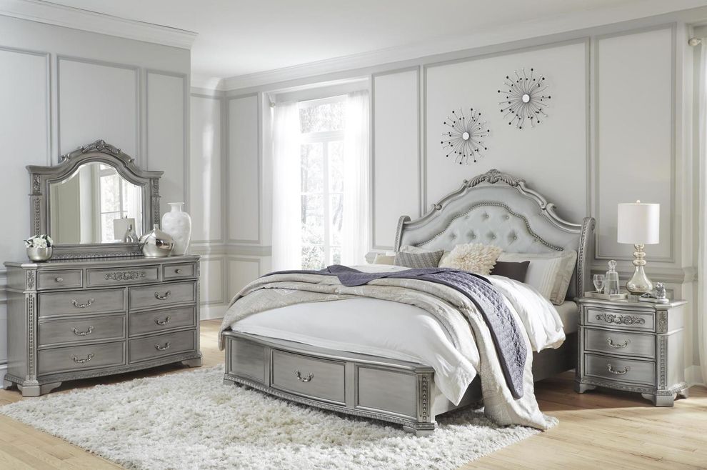 Contemporary tufted headboard king bed in gray by Global