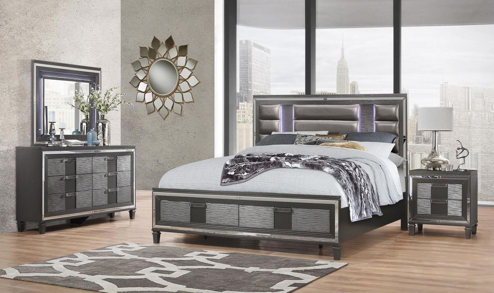 Modern LED king bed in metallic gray by Global