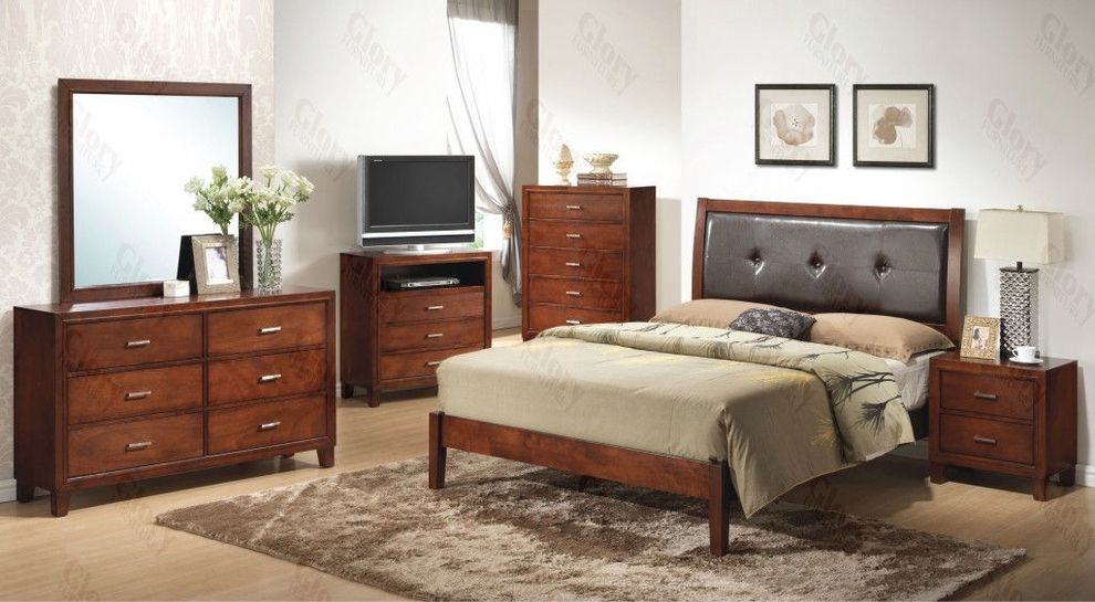 Cherry wood modern slat queen bed by Glory