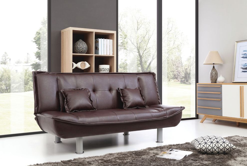 Brown faux leather sofa bed w/ tube metal legs by Glory