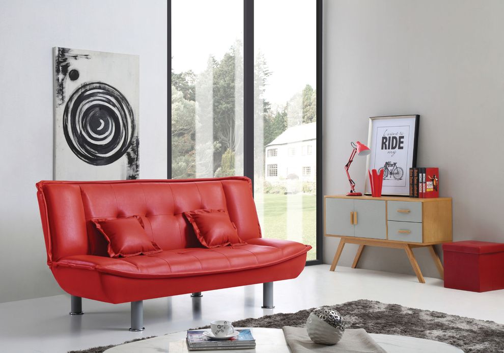 Red faux leather sofa bed w/ tube metal legs by Glory