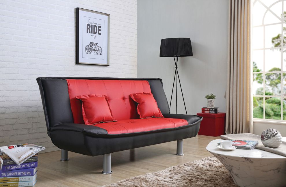 Red/black faux leather sofa bed w/ tube metal legs by Glory