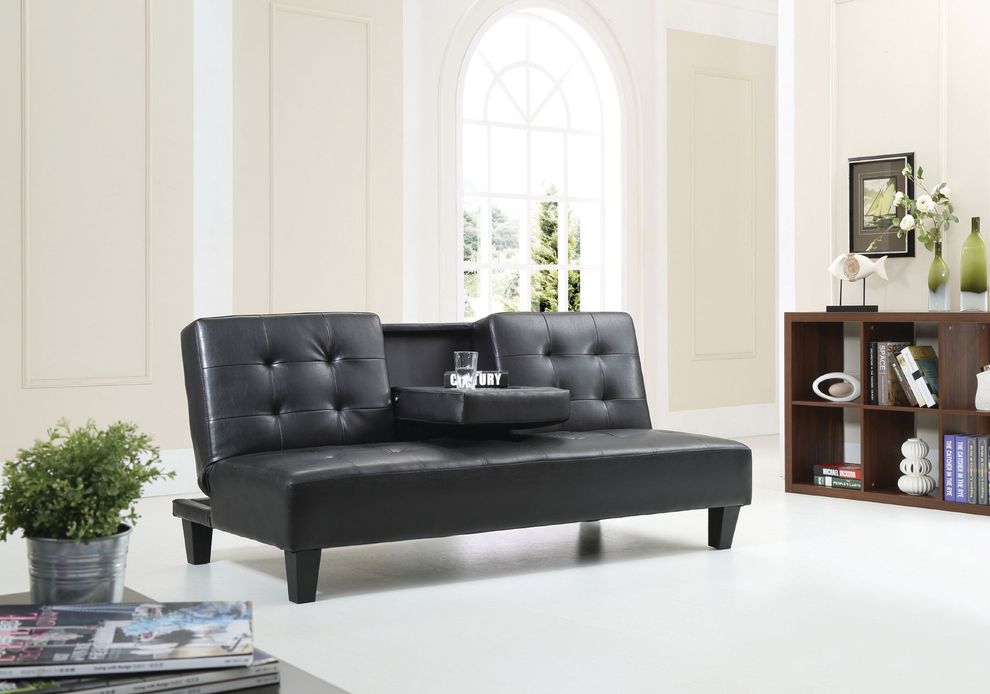 Black faux leather sofa bed w/ cup holders by Glory