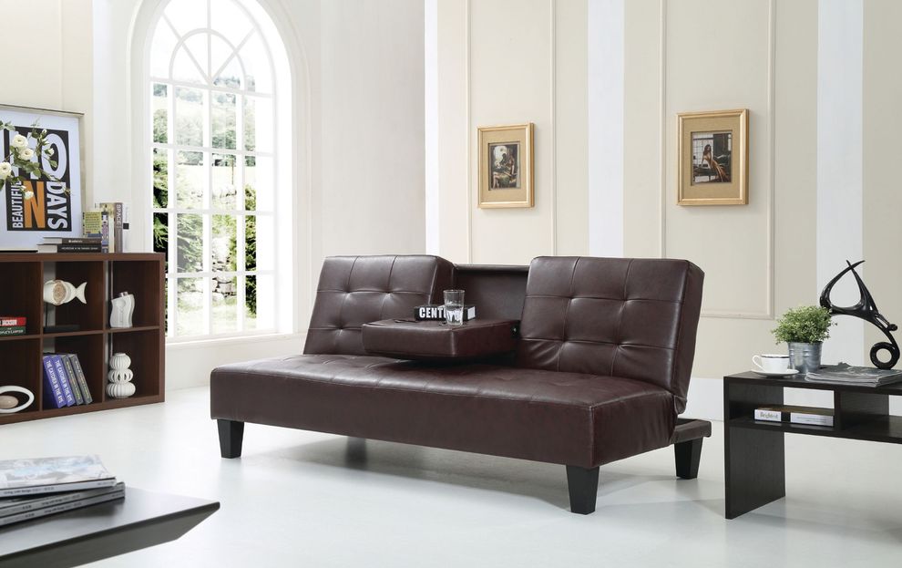 Brown faux leather sofa bed w/ cup holders by Glory