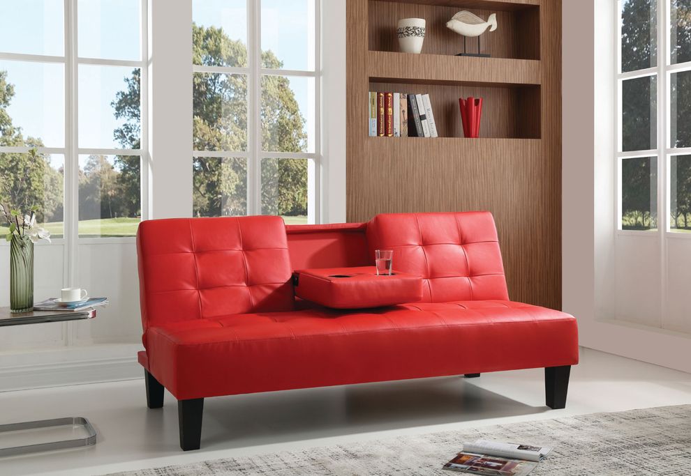 Red faux leather sofa bed w/ cup holders by Glory