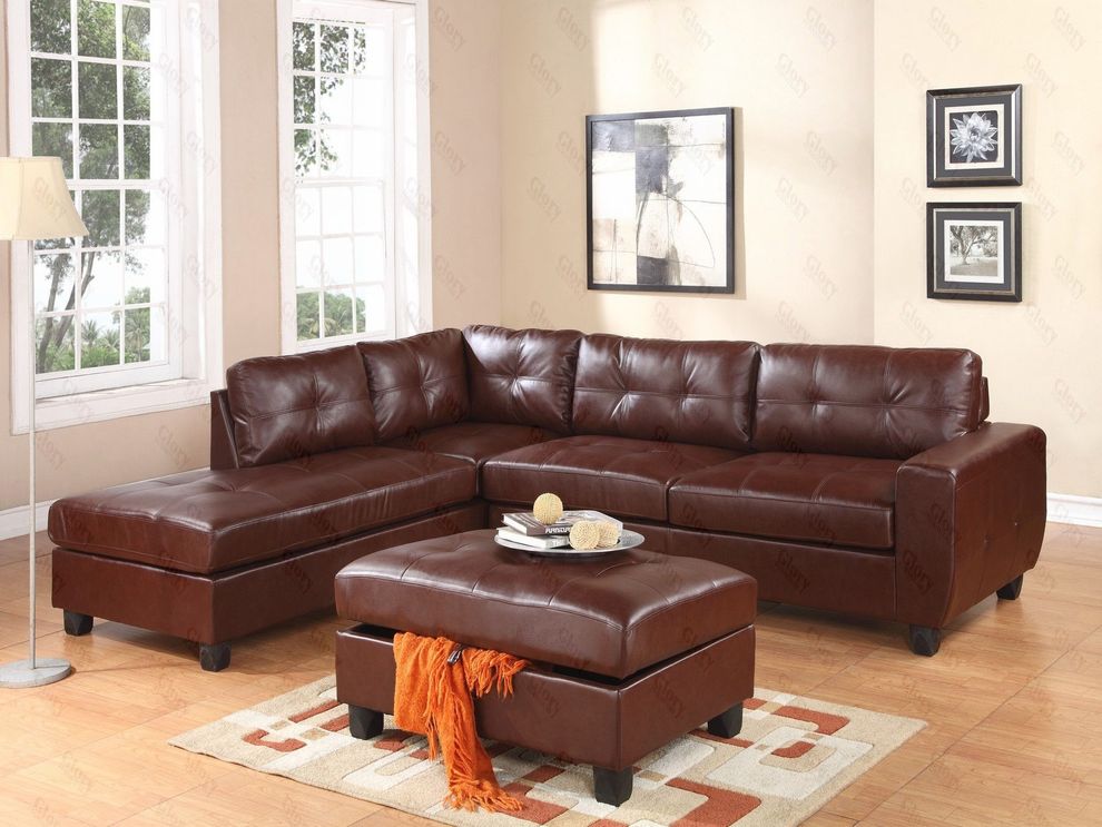 Reversible sectional sofa in cinnamon brown leather by Glory