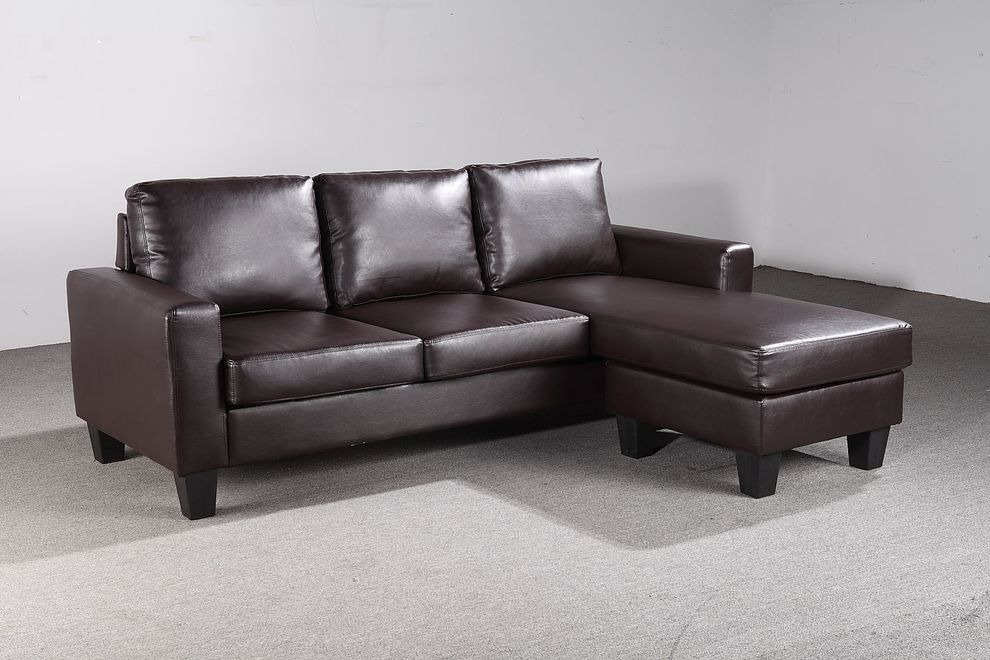 Affordable small sectional in espresso faux leather by Glory