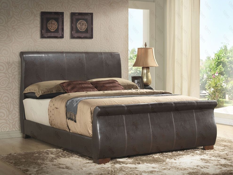 Dark brown bycast leather bed in casual style by Glory