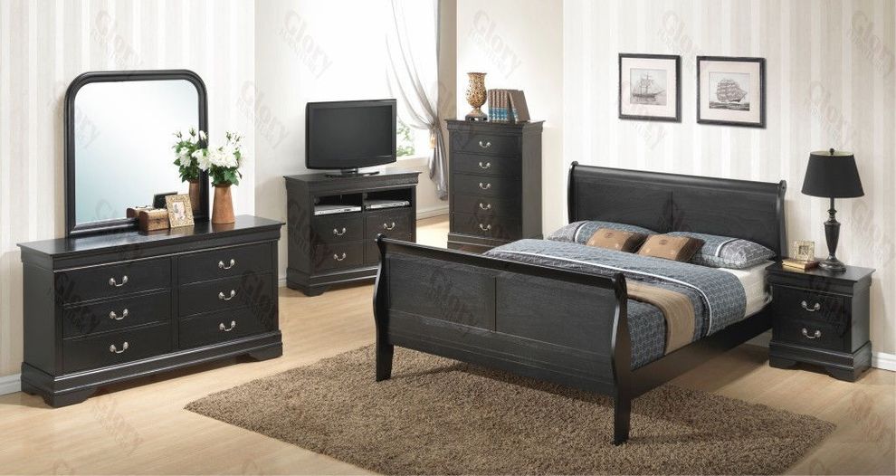 Modern black casual bed style w/ slats by Glory