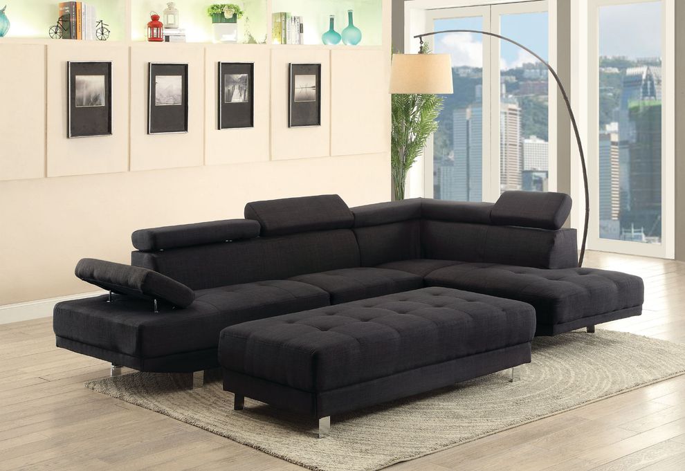 Adjustable arms/headrests black fabric sectional sofa by Glory