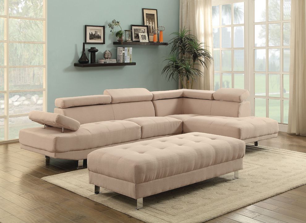 Adjustable arms/headrests tan fabric sectional sofa by Glory