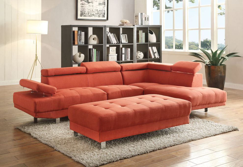 Adjustable arms/headrests orange faux leather sectional sofa by Glory
