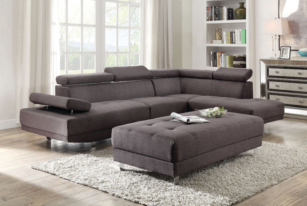 Adjustable arms/headrests gray fabric sectional sofa by Glory