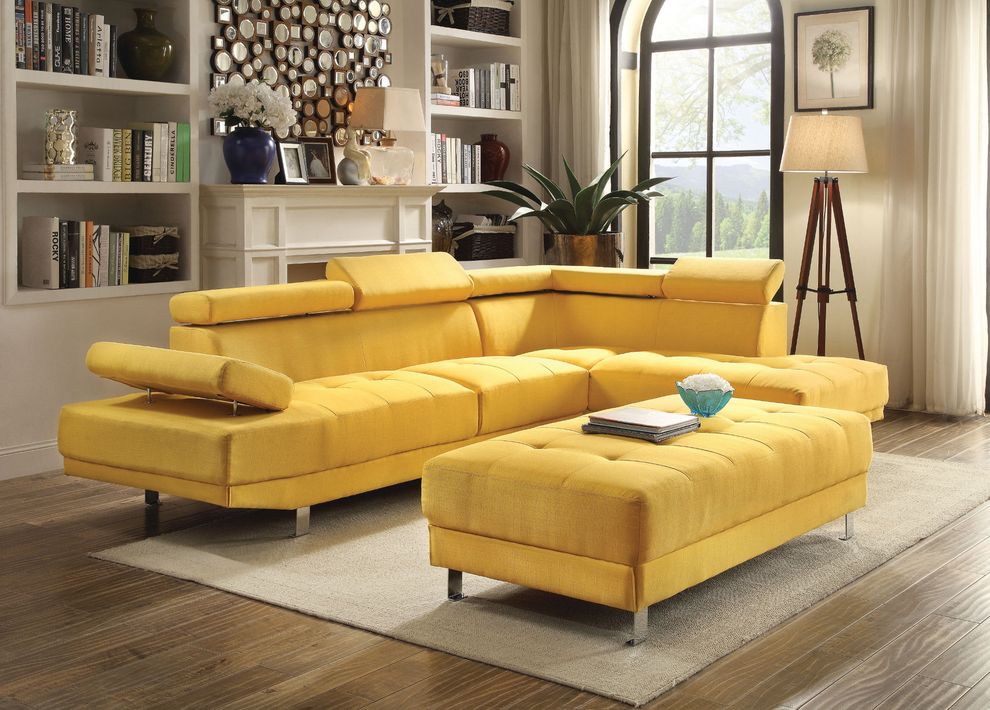 Adjustable arms/headrests yellow fabric sectional sofa by Glory