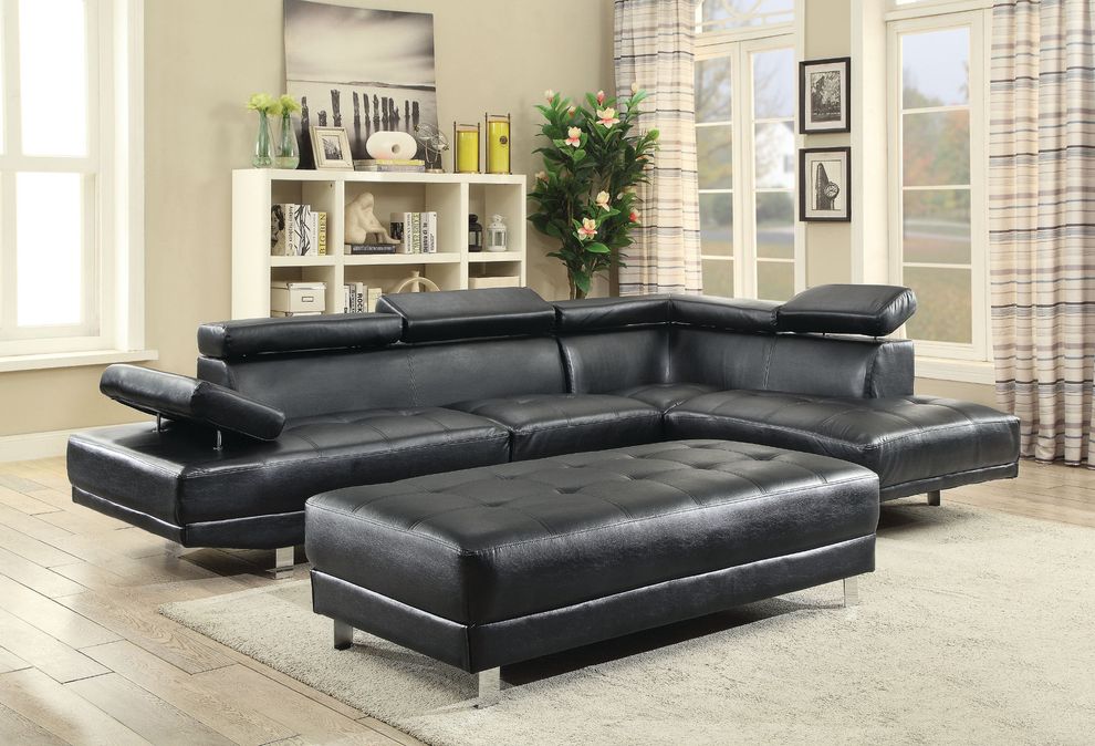 Adjustable arms/headrests black faux leather sectional sofa by Glory