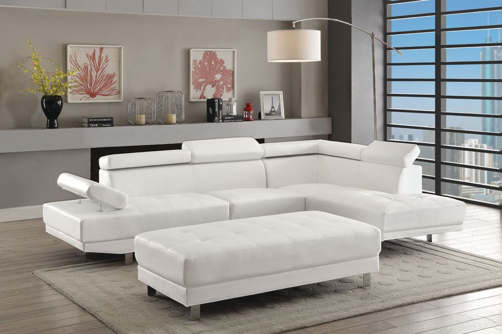 Adjustable arms/headrests white faux leather sectional sofa by Glory