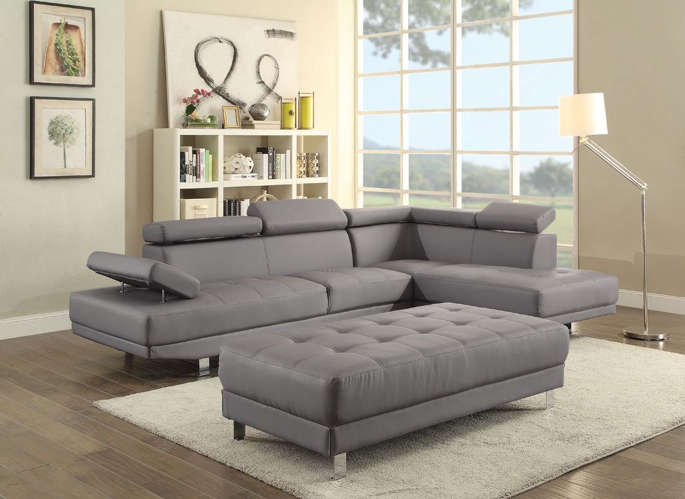 Adjustable arms/headrests gray faux leather sectional sofa by Glory