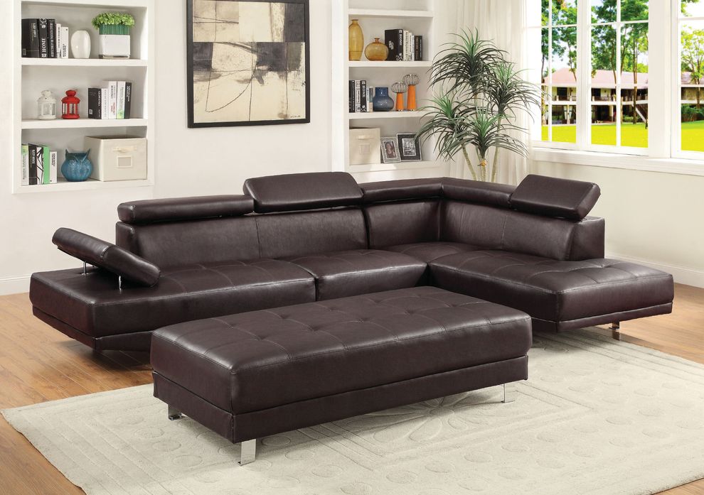 Adjustable arms/headrests brown faux leather sectional sofa by Glory