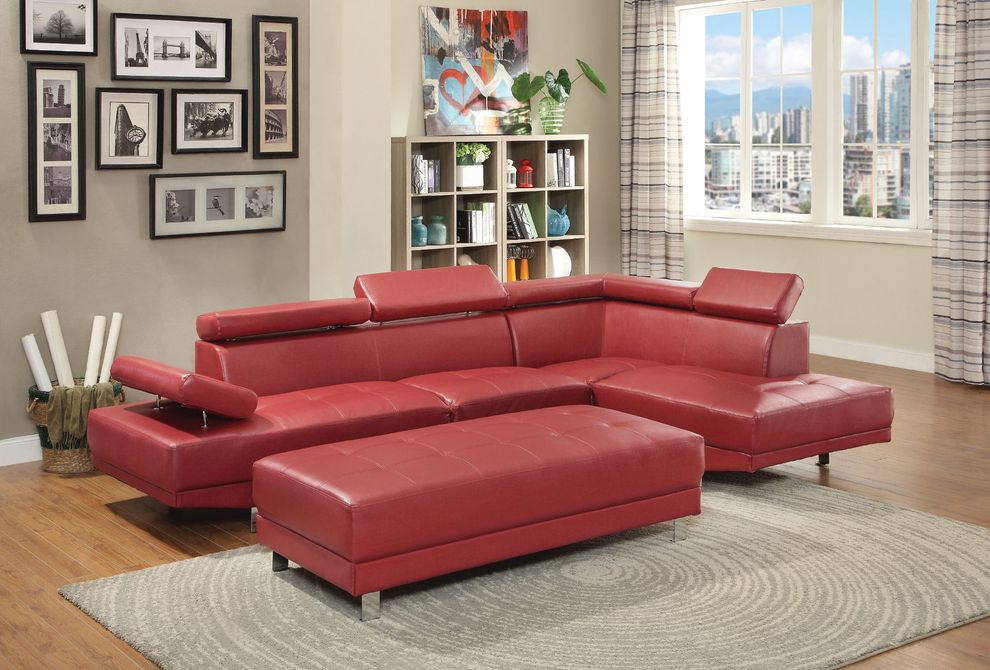Adjustable arms/headrests red faux leather sectional sofa by Glory