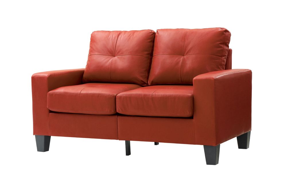 Affordable red faux leather loveseat by Glory