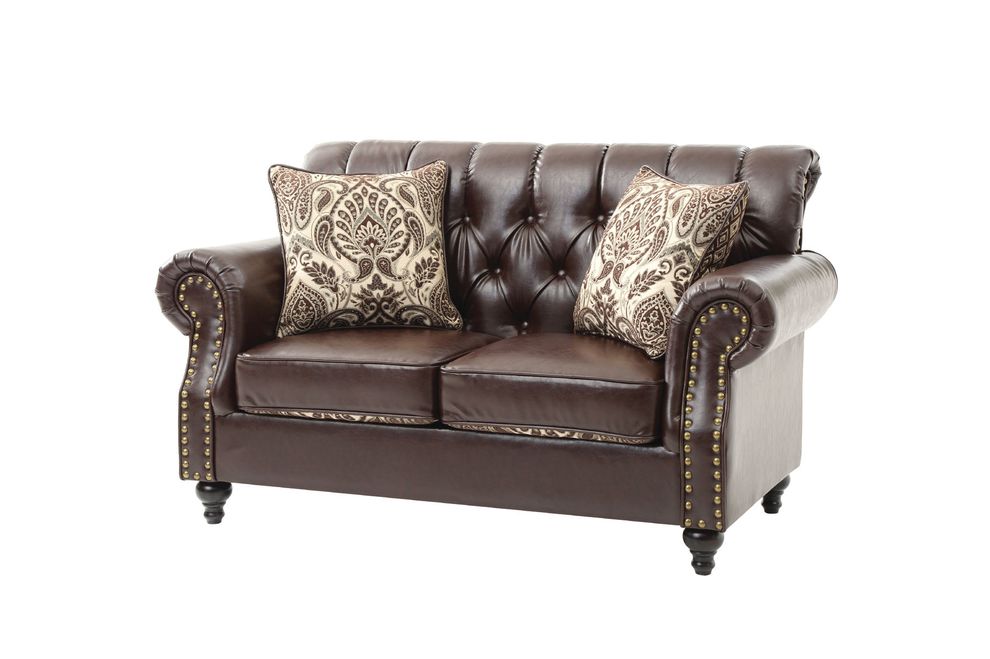 Dark brown faux leather tufted classical style loveseat by Glory