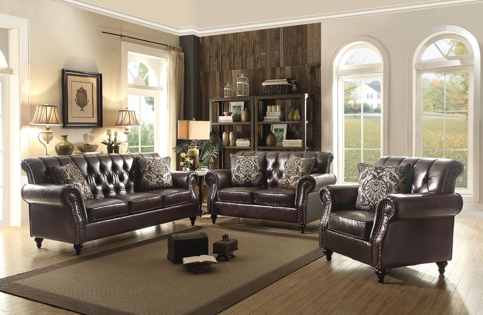 Dark brown faux leather tufted classical style sofa by Glory