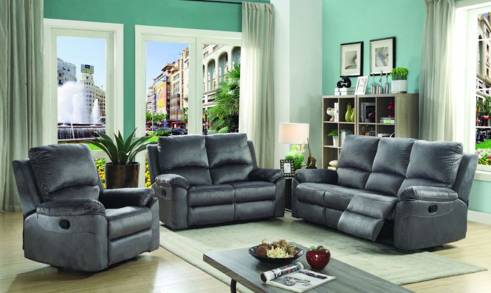 Gray micro suede recliner sofa in casual style by Glory