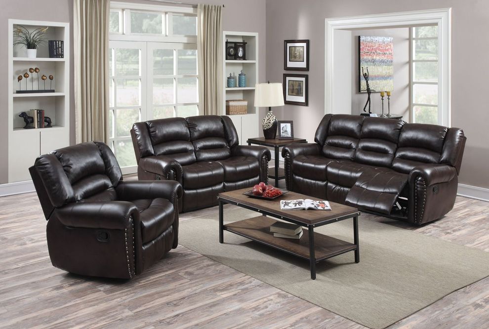Chocolate bonded leather reclining sofa by Glory