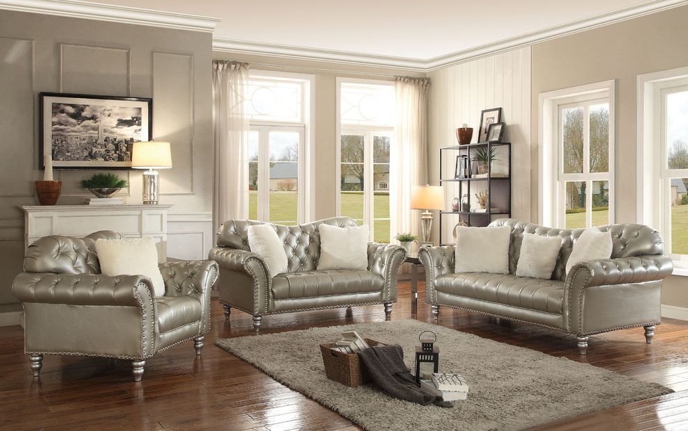 Tufted classical style silver sofa w/ carved back by Glory