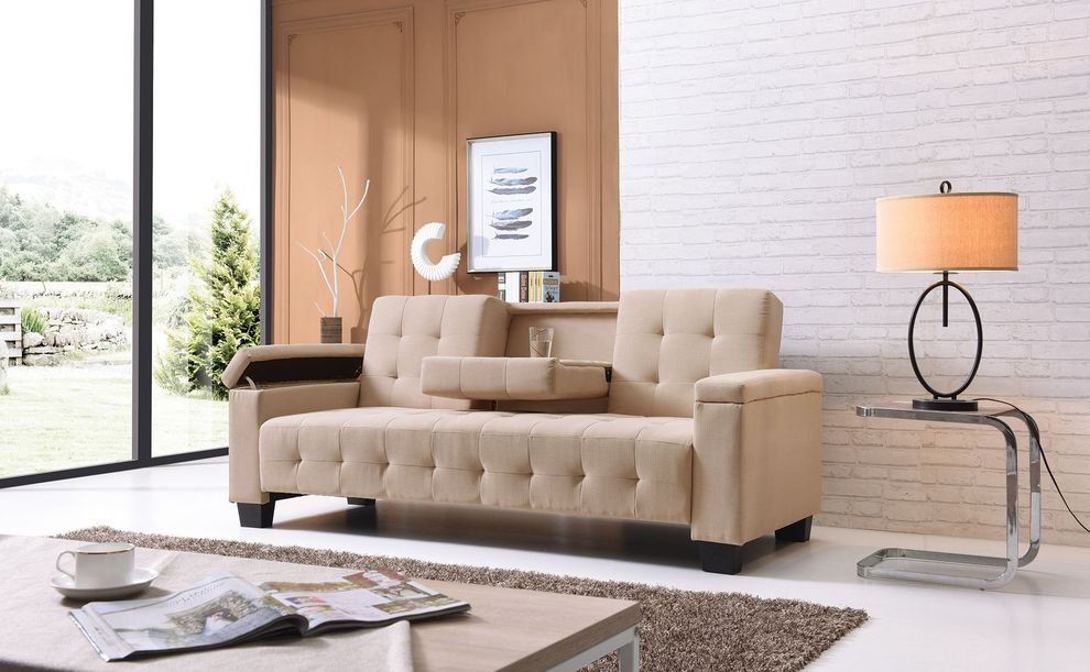 Vanilla suede sofa bed w/ tufted backs and seats by Glory