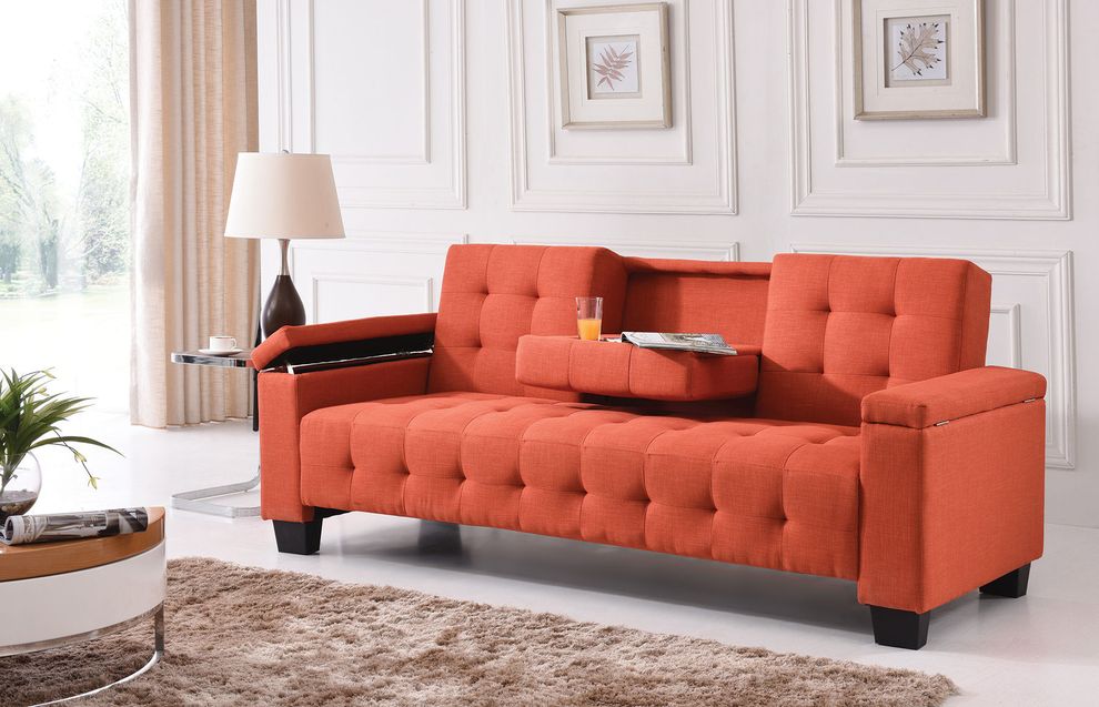 Orange suede sofa bed w/ tufted backs and seats by Glory