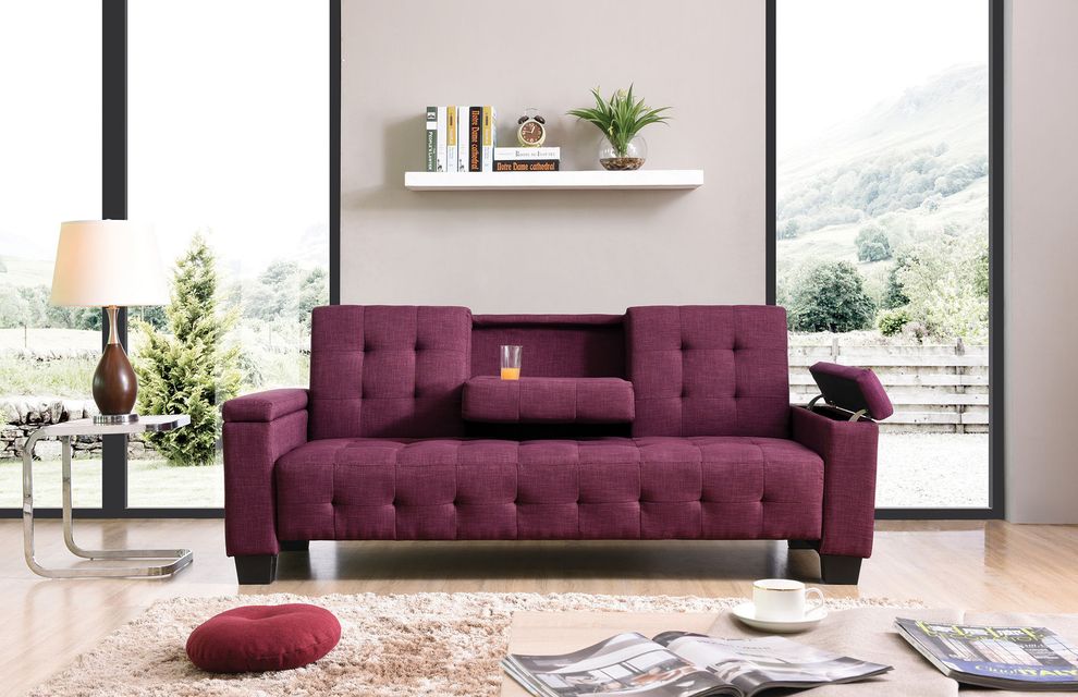 Purple suede sofa bed w/ tufted backs and seats by Glory