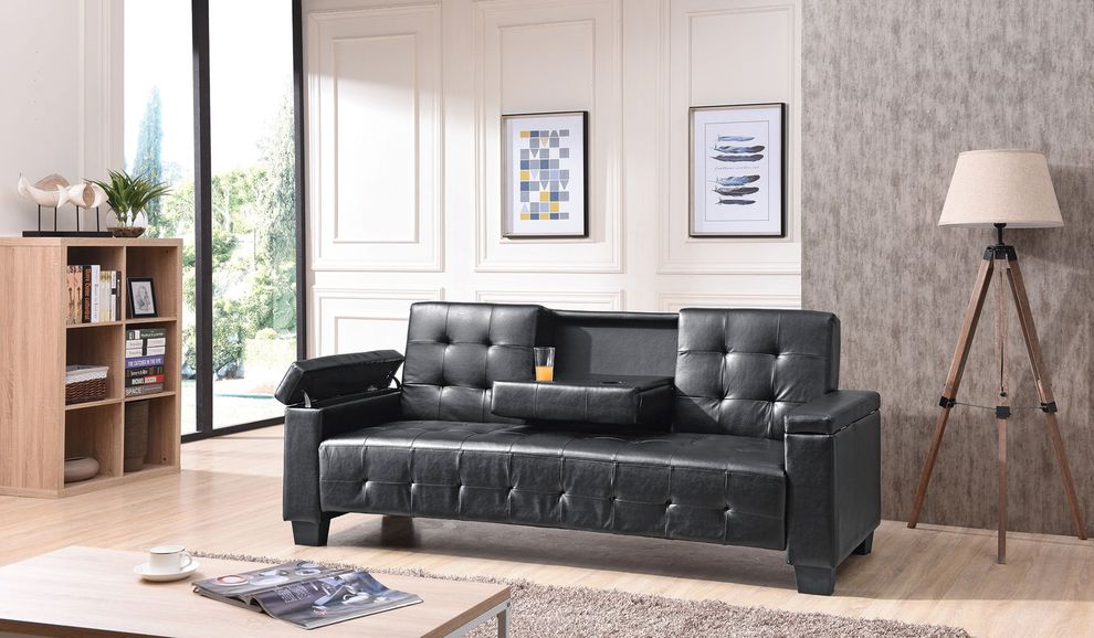 Black faux leather sofa bed w/ tufted backs and seats by Glory