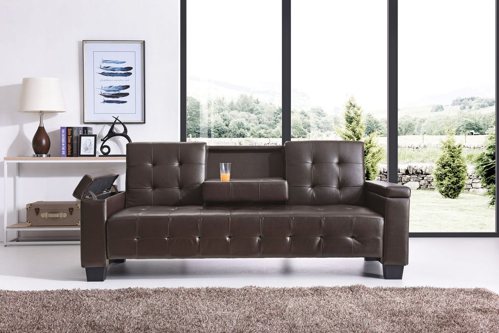 Cappuccino faux leather sofa bed w/ tufted backs and seats by Glory