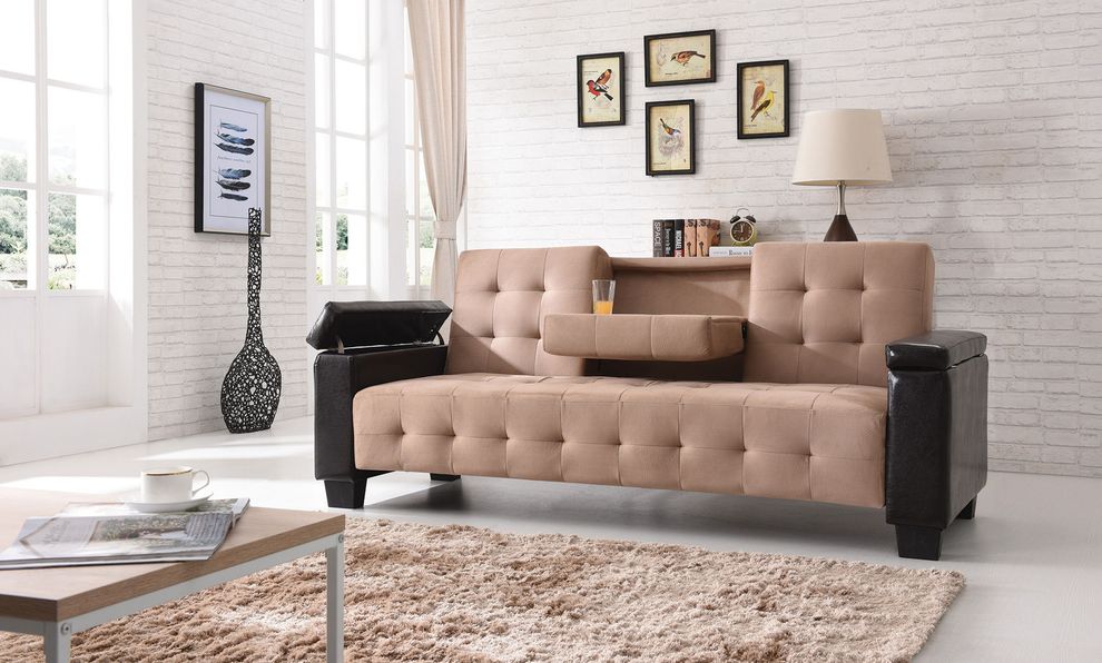 Cappuccino faux leather / beige suede sofa bed by Glory