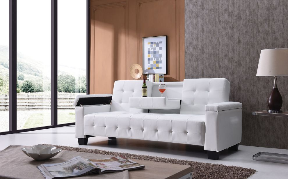 White faux leather sofa bed w/ tufted backs and seats by Glory