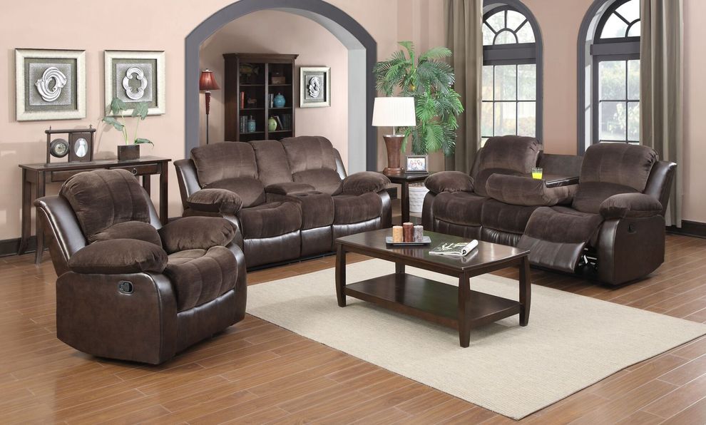 Two-toned brown microfiber reclining sofa by Glory