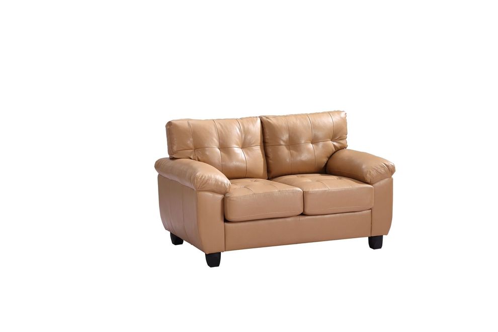 Affordable loveseat in tan bonded leather by Glory