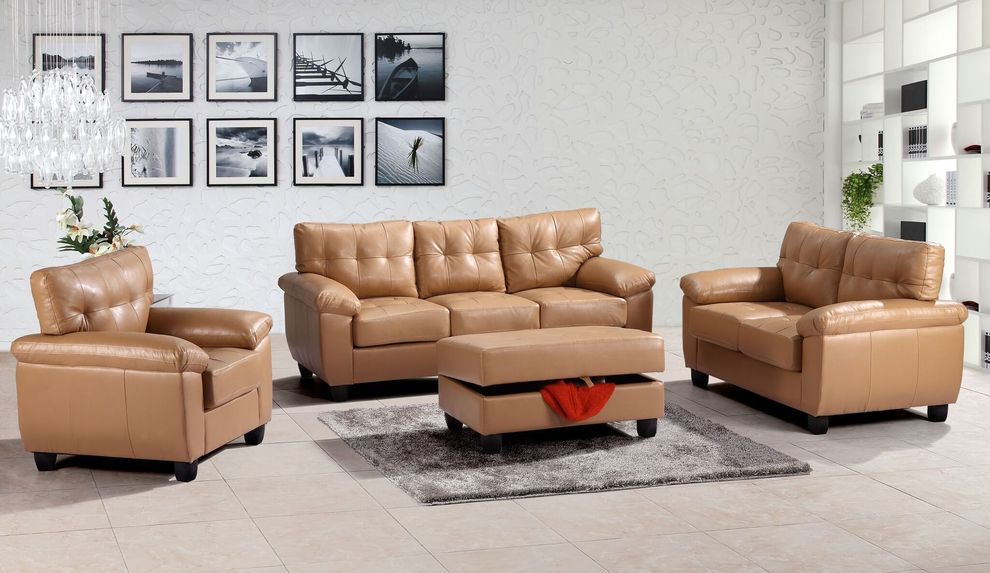 Affordable sofa in tan bonded leather by Glory