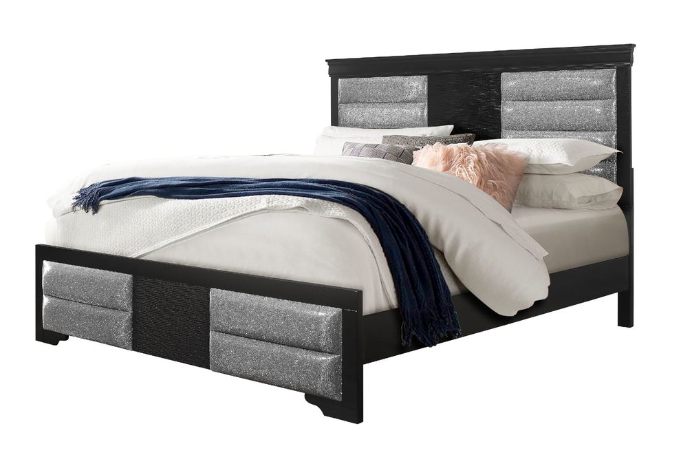 Black casual style king bed w/ silver inserts by Global