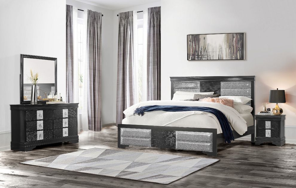 Black casual style bed w/ silver inserts by Global