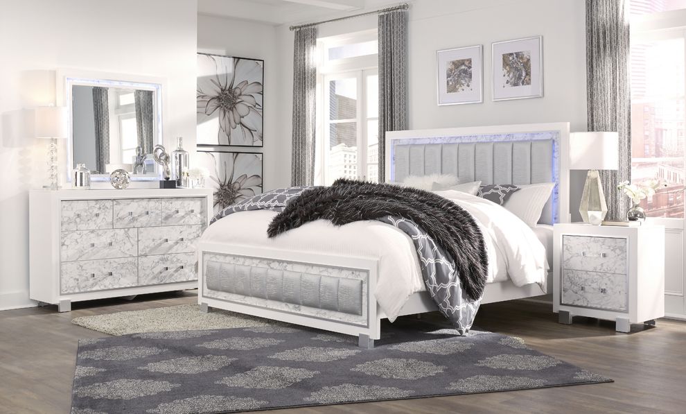 White exquisite queen bed w/ LED by Global